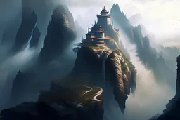 A dramatic landscape featuring a perilous, winding mountain path, leading to an isolated monastery perched precariously on a towering cliff, shrouded in swirling mists.