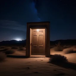 outsite room with wooden door in the middle of a desert at night