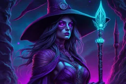 Witch of skeletons in 8k sci-art drawing style, purple glowing eyes, the which custom, neon effect, intricate details, highly detailed, high details, detailed portrait, masterpiece,ultra detailed, ultra quality