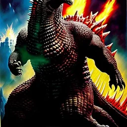 portrait oil on canvas, Godzilla ,comic book cover, mystical colors,insanely detailed,realistic,intrincate detail, 16k resolution, masterpiece,Frank Frazetta,Alex Horley, Simon Bisley,Oscar chichoni