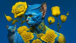 blue background, cat man, wool, fine drawing, high detail, 8K, tattoos, yellow flower