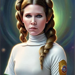 round framed complete and fully detailed head to waist portrait of young carrie fisher as Princess Leia with detailed hairstyle by Mandy Jurgens and mucha and Richard Schmid and chuck close and chie yoshii, beautiful detailed ceremony dress of star wars,