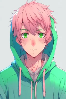 An anime man with messy short pink hair and blue eyes wearing a green hoodie. Realistic.