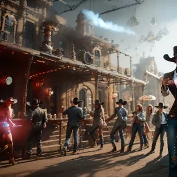 Ultra realistic, steampunk western party scene. waist up view, dancing, happy, color smoke, highly detailed, concept art, unreal engine 5, god rays, ray tracing, RTX, lumen lighting, ultra detail, volumetric lighting, 3d, finely drawn, high definition, high resolution.