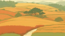 Rice field，Trees，Warm color palette，Animation，A lovely grasshopper，Top of the hill