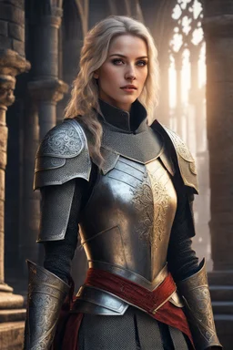 female noble templar knight, fantasy setting, medieval, year 1800, 8k, high detail, intricate, cinematic background, facing viewer