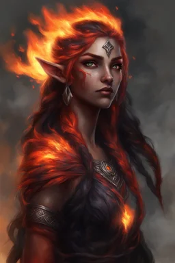 Fire Eladrin druid female. Hair is long and bright black, part is braided and fire comes out from it. Eyes are noticeably red color, fire reflects. Creates fire from her own hands . Has a big scar over whole face. Skin color is dark