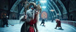 portrait of ice queen with sheep staff, pin hole cam, master oil painting by Rembrandt, d&d glam rock and glitter vampire gremlin illithid and lich playing hockey in ice skating hall or church, in the style of giger and escher, sci fi with floating little saucers