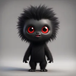 turn around model 3d render black cute hairy creature chibi, full long hairy face, with small red eye, small leg, fang