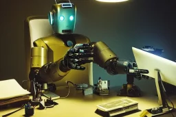 a close up view of a robot android man writing on desk, dramatic vignette, dramatic lighting, ( ( ( ( ( 1 9 5 0 s retro future robot android muted colors. ) ) ) ) ) by jean - baptiste monge!!!!!!!!!!!!!!!!!!!!!!!!!!!!!!