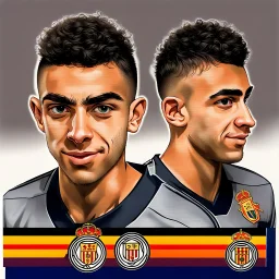 85mm DSLR color photography of a very detailed headshot fitting all of head and hair in frame. 19-year-old Spanish soccer player, and with no facial hair and has no facial hair, has short and black hair and he looks like Xavi's brother ,with a small smile, grey background