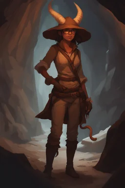 Dnd character with a tail and small horns in a dark cave. A female Tiefling archeologist with a hat, wearing glasses, in brown adventurer's clothes. Cunning, beautiful.