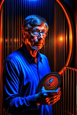 portrait of bill gates holding a dna patent in the style of giger, spray paint, photo realism, trending on art station, 8k, depth of field, down light, light rays, volumetric, reflective spiral staircase, blue, brown and orange