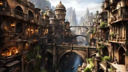 ((masterpiece)),((best quality)),((high detial)),((realistic,)) Industrial age city, deep canyons in the middle, architectural streets, bazaars, Bridges, rainy days, steampunk, European architecture