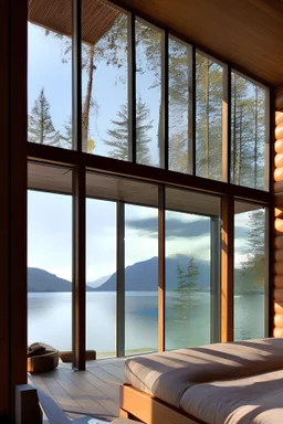 Chambre dans Maison montagne design bois et béton devant baie en verre avec vue sur un lac Lumière soleil couchant