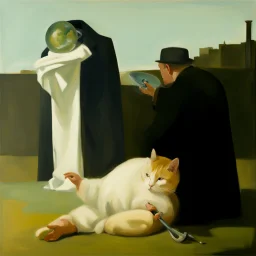 UN conference,a cat and human flesh-like surgical instruments and universe-like a pigeon and neuralink, surrealism,minimalism,Painting By Adrian Ghenie, Rene Magritte, Salvador Dali, Lucian Freud