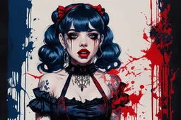 Poster in two gradually, a one side malevolent goth vampire girl face and other side the Singer Melanie Martinez face, full body, painting by Yoji Shinkawa, darkblue and red tones,