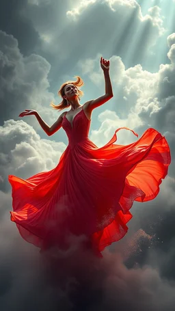 A beautiful Spanish flamingo dancer with a beautiful red dress dancing swirling clouds, emerges from the heart of a raging storm. Turbulent winds of steam swirl around the louds lit by shafts of sunlight that cast dramatic shadows on the A beautiful dancer woman with beautiful hands f flamingo dancing, High quality 16k cinematic scene and great photography