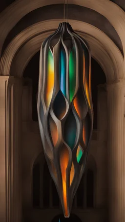 Une chrysalide géante du Tithorea tarricina émettant une lumière multicolor accrochée dans un vieux caveau voûté