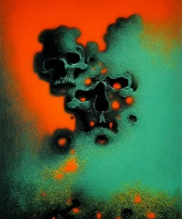 broken skull. black background. smoke and explode. particles in air. teal and orange. abstract. beksinski.