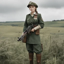 [standing in a Cornwall field] A woman elf, clad in a dirty World War I worker's uniform, her delicate features stark against the rugged attire. But what truly caught the eye was the heavy machine gun she carried with ease, a juxtaposition of elegance and power that defied conventional stereotypes.