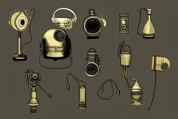 Golden to grey surfaces body, latex. Tendril-gas-mask-Synthesizer-proboscis-laundry. Knight, lighty armored bodies. Metallic headphones and speakers. Asa Akira interview. Old-fashioned cameras integrated to heads. simple faces. Strange Steam-punk Silver tumbler hands! Dystopia perfect body. Mind-download from Enigma computer. Partly symmetrical in relation to the computer. Perfect golden ratio in all directions. Space-corruption. Steam-machines-plunge-tanks. Oppressive atmosphere. surveillance