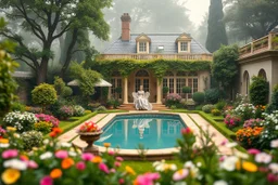 all scene is made of small colored cubes:a luxury villa yard with pool in center and pretty plants trees flowers, morning mist, lost paradise atmosphere,a pretty model lady in victorian clothing resting in a comfort far in villa yard in flowers .