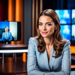 amodern tv studio a beautiful girl perfect face sitting next to desk in talk show looking at camera, with picture of an old man in tv screen at background