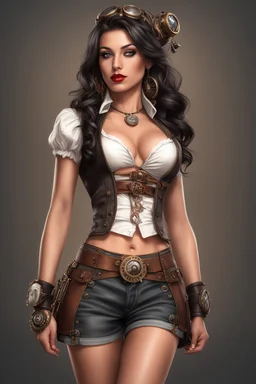 Photorealistic full-height photo of a fantasy skinny pin-up girl in steampunk shorts with long, dark hair