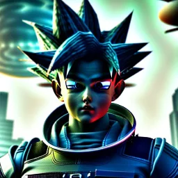 Son-goku standing on a bridge in a cyberpunk setting, cyber punk, close-up face, realistic, unreal engine