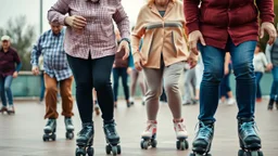 Elderly pensioners on roller skates. Head, shoulders, body, face, feet and skates are in the picture. Everyone is happy. Photographic quality and detail, award-winning image, beautiful composition. 28mm lens.