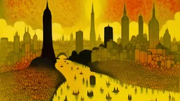 A yellow electric city painted by Georges Seurat