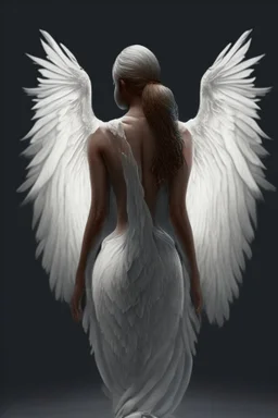 full body woman angel from back, angel wings tear her skin away and coming through from her neck, bun haired angel wearing long tunic ultra realistic design