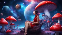 beautiful women sitting with red bor on blue, red, purple mushroom in space, planets at the back ground, hyper realistic.