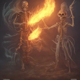 a flaming skeleton lord with a green flaming sword and a girl laying under his feet