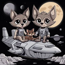 front in picture an of little dark brown catlike creature with big ears, big eyes stands medium close and looking an anthropomorphic wolf couple sitting on the spaceship's ramp close together, the pale gray body hair female wolf sits behind strong dark gray body hair wolf man, raini day, on ramp a little piece of meat lies down, high contrast, high detalied, high realistic, in background detail of an angular spaceship visible. Rain, 3d realistic , profesional fantasy photo