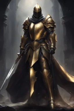 photorealistic holy knight paladin in very dark gold armor and a cape wielding a greatsword and no helmet in abyss