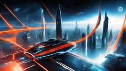 tron legacy movie, city of lights blue, red and orange, programs, space ships, clouds,