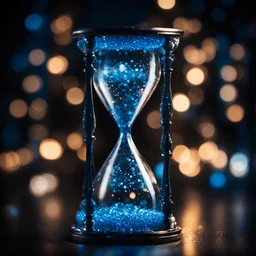 close up of a luminous blue crystal hourglass, front illumination, black background, sharp focus, high contrast, bright vibrant colors, cinematic masterpiece, shallow depth of field, bokeh, sparks, glitter, 16k resolution, photorealistic, intricate details, dramatic natural lighting