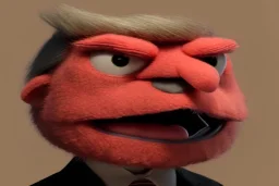 Angry muppet trump in suit, no tongue, looking forward, face, little, round puffball nose, eyebrows