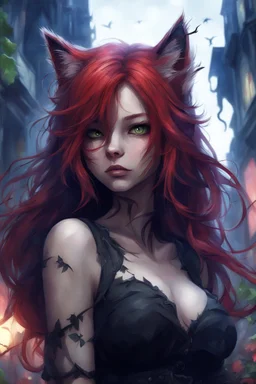 CAT GIRL, FANTASY, VINES, SOULLESS, FLUFFY TAIL, RED HAIR, TORN CITY