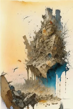 Destroyed City, war, debris, stone, breched, brocken, Perspektiv from the sky, by Jean-Baptiste Monge, Ivan Bilibin, Albert Bierstadt, Reza Badrossama, watercolor ink, pencil sketch, splash art, intricate details, fantasy, beautiful, oil on canvas, award winning, imperial colours, fantastic view, radient colours, very attractive, crisp quality