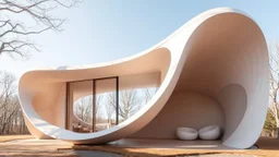 A beautiful unique pavilion shaped like a lemniscate (figure-eight curve), with a continuous flowing loop that creates interconnected spaces. The roof gently rises and falls in harmony with the curve. Large, open-air windows allow natural light to flood into the building. The interior features rounded, organic forms that follow the curve of the lemniscate. The effect is calm, comforting, protective and delightful. Award-winning photograph.