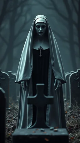 a front view of the Nun from the horror movie, standing in the grave yard in a 3d rendering full-height image of a grim and dark scene. Ensure the final images exhibit the utmost quality, encompassing 4K, 8K, and 64K resolutions, with 3D rendering that manifests in photorealistic, hyperrealistic, and highly detailed representations. Employ techniques such as HDR, UHD,