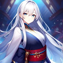 girl, masterpiece, best quality, volumetric lighting, detailed outfit, perfect eyes, silver hair, cyan eyes, long hair, obi,