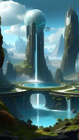 sci fi planet, small futuristic city, waterfalls, temples