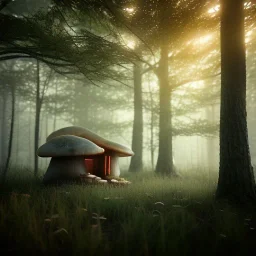 Misty woods, mushroom house, dark morning light