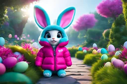 easter holidays, pixar art style of cute pixie smiling plush bunny with large eyes, full siting body, magenta puffer jacket, manila city backdrop, by mobeius, large easter decorations, in the garden of Eden, stylized vegetation, turquoise water ground-level view, foggy atmosphere, hyper detailed, digital art, trending in artstation, cinematic lighting, unreal engine 5 rendered, octane rendered, art style by klimt and nixeu and ian sprigger and wlop and krenz cushart