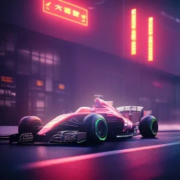 realistic formula 1 car; in an alternate universe in tokyo; cyberpunk; rain; neon signs