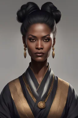 50-year-old sorceress, brown eyes and dark skin, black hair tied up in a serious bun, dressed in a diplomatic tunic, with a serious look.